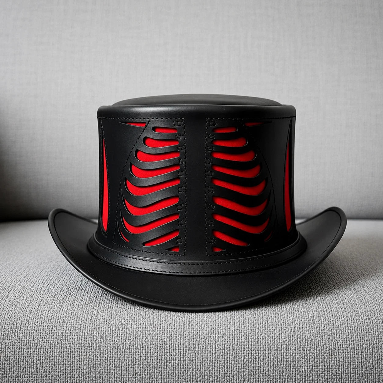 Handmade Genuine Leather Skeleton Ribcage Top Hat Black Gothic Steampunk Hat