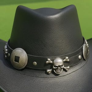 Handmade Black Leather Cowboy Hat with Skull Band  Steampunk Gothic Rock Festival Accessory