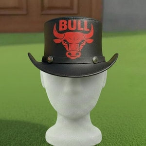Handmade Black Leather Top Hat Red Bull Gothic Steampunk Festival Hat