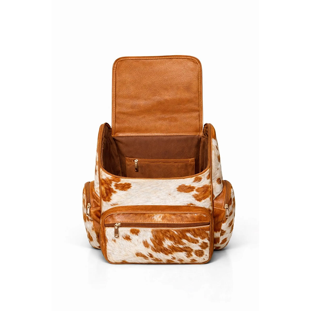 Handmade Genuine Cowhide Backpack  Tan & White Spotted Leather Backpack  Large Western