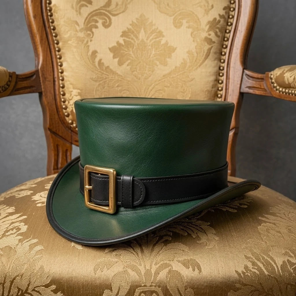 Green Steampunk Top Hat Black Faux Leather Gold Buckle Gothic Western Costume