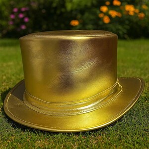 Handmade Gold Leather Top Hat With Metallic Steampunk Style For Festival Cosplay Fashion