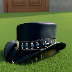 Handmade unisex Black Leather Studded Steampunk Top Hat For Cosplay Festivals And Themed Fashion