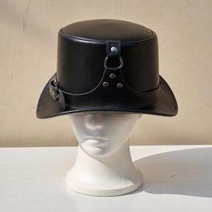 Handmade Black Leather Steampunk Top Hat Gothic Buckle Band Festival Cosplay Hat