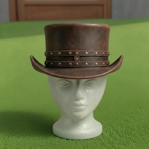 Handmade Top Hat Brown Leather Rivet Victorian Steampunk Gothic Cosplay Costume Hat