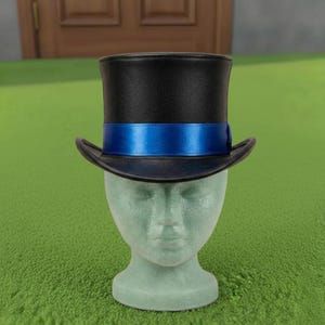 Handmade Black Leather Top Hat Blue Band Steampunk Gothic Victorian Cosplay Hat