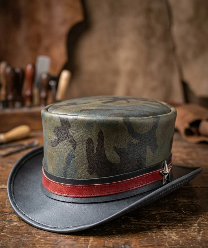 Handmade Genuine Leather Steampunk Top Hat Camo Red Band Gothic Victorian Hat