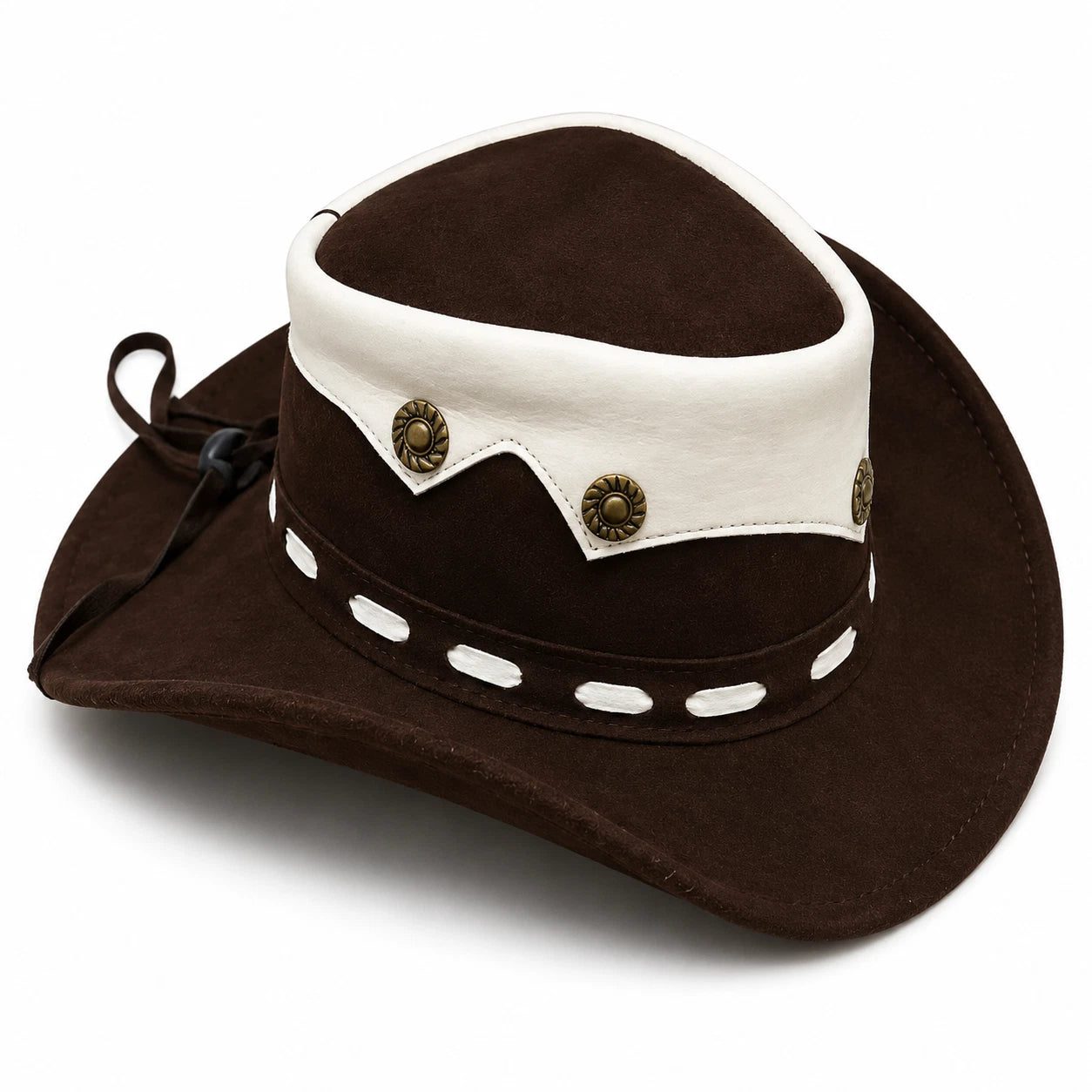 Brown Leather Cowboy Hat Western Concho Studs White Band Chin Strap Rancher