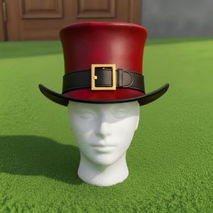 Handmade Red Leather Top Hat with Buckle Band Steampunk Gothic Festival Costume Style