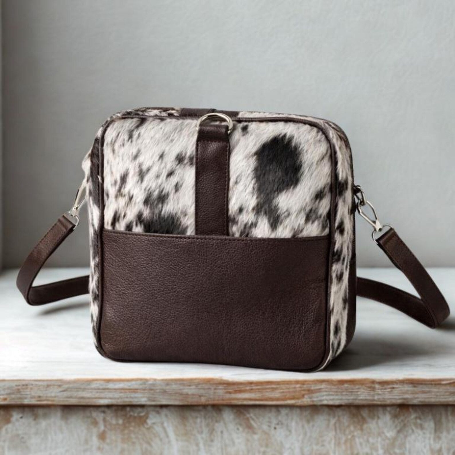 Brown  White HairOn Cowhide Duffle Bag  Handmade Leather Bag  Carry On Duffel