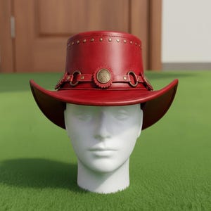 Handmade Red Leather Top Hat Steampunk Gothic Western Cosplay Costume