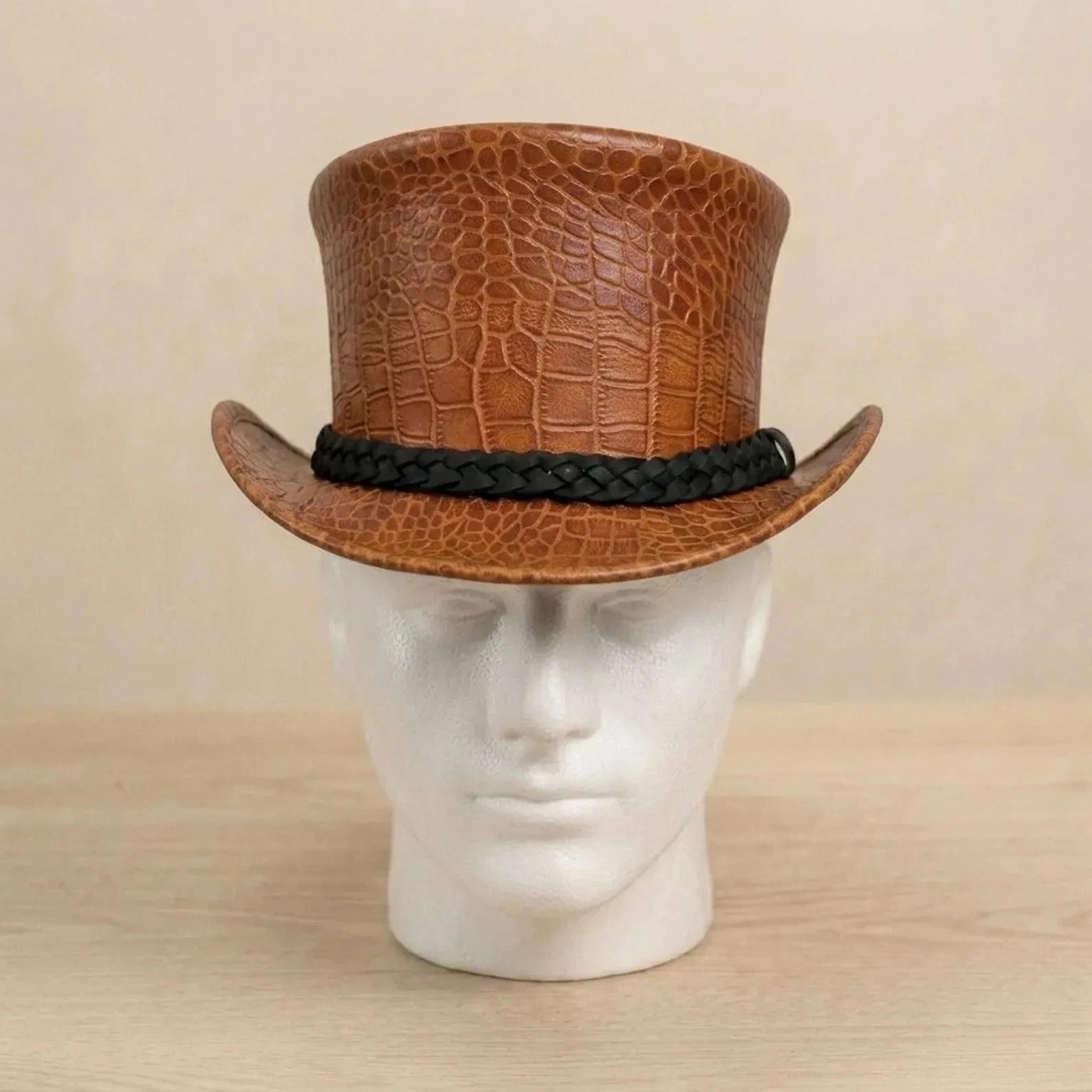 Brown Croc Embossed Genuine Leather Steampunk Top Hat Braided Band Gothic