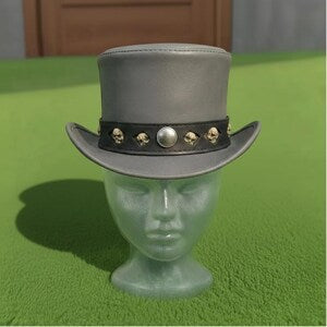 Handmade Grey Leather Skull Top Hat  Gothic Steampunk Biker Cosplay Hat