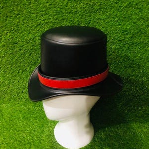 Handmade Black real Leather Top Hat Red Band Steampunk Cosplay Accessory