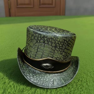 Handmade Unisex Green Crocodile Leather Top Hat Steampunk Festival Cosplay Gothic Costume Wear