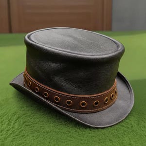 Handmade Leather Black Top Hat with Brown Grommet Band Steampunk Cosplay Gothic