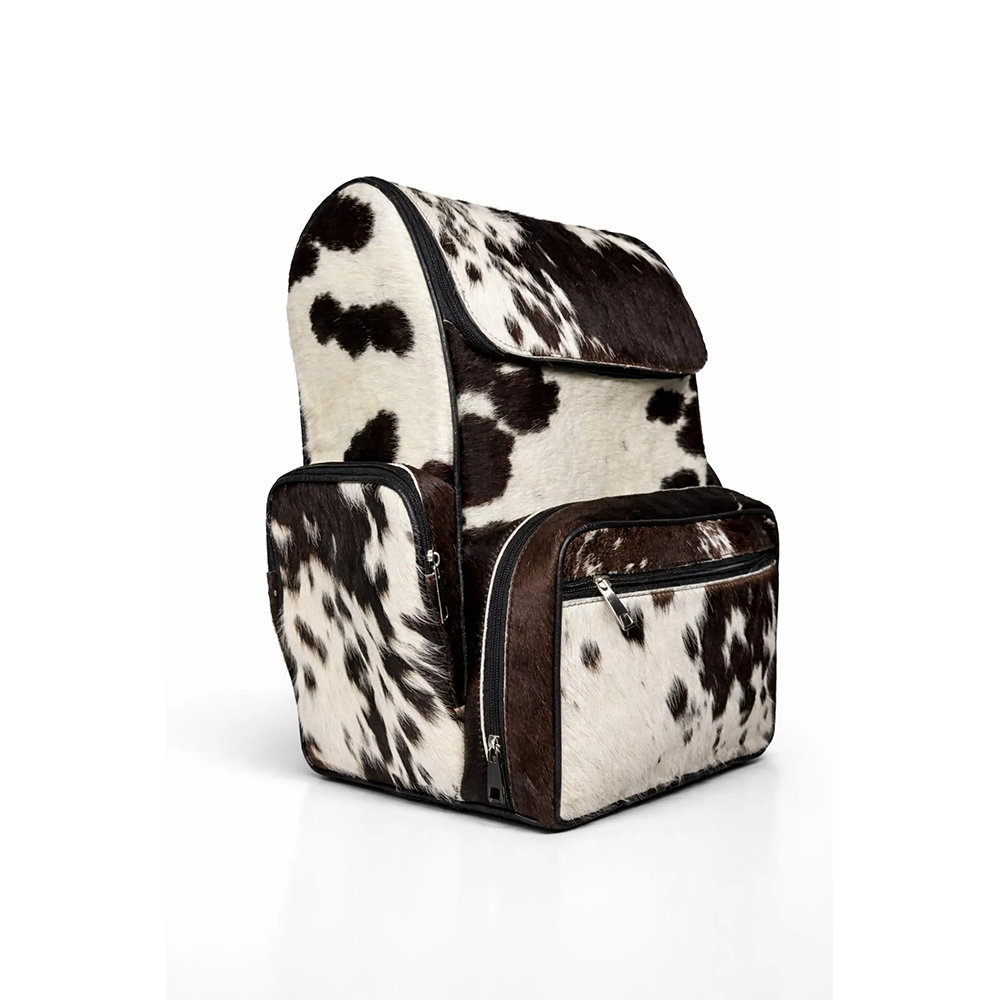 Handmade Genuine Cowhide Backpack  Black & White Spotted Leather Backpack  Large Western66