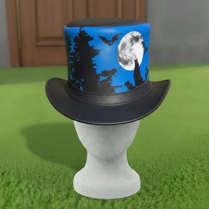 Handmade Leather Top Hat Gothic Steampunk Moon Forest Bats Design