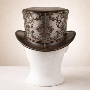 Unisex Leather Top Hat with Damask Band  Steampunk Victorian Style