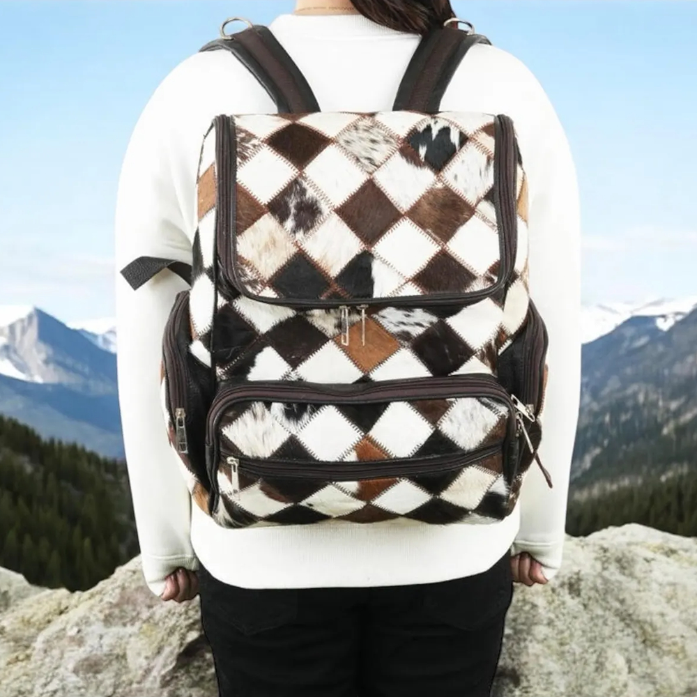 Handmade Patchwork Cow Hairon Leather Backpack Rust