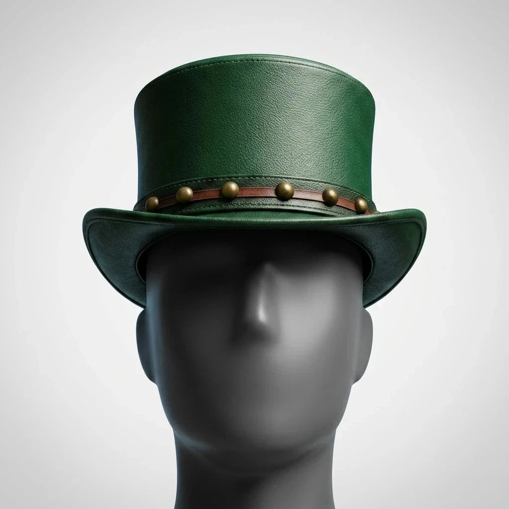 Genuine Leather Steampunk Top Hat Green Studded Band Gothic Mad Hatter S