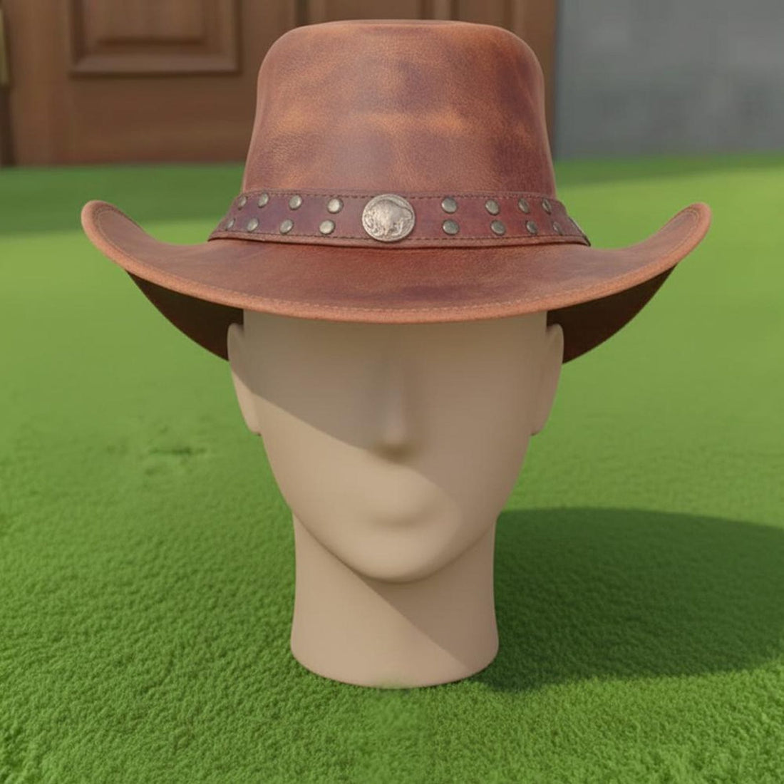 Handmade Brown Leather Cowboy Hat Rustic Western Studded Concho Band Outdoor Style