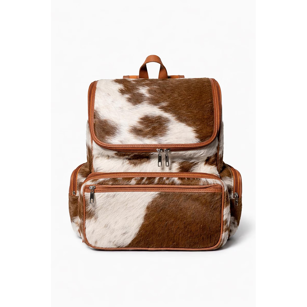 Handmade Genuine Cowhide Backpack  Tan & White Spotted Leather Backpack  Large Western Rucksack with Pockets