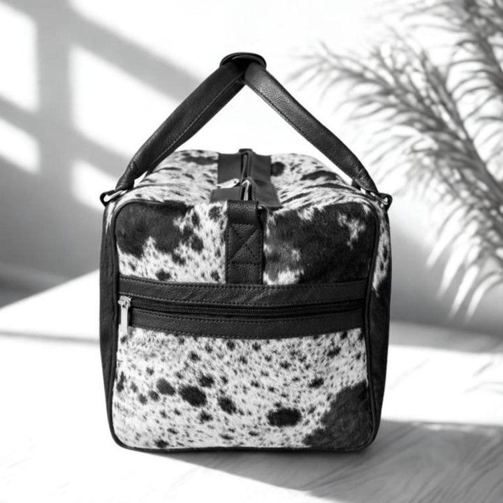 Black White Cowhide Duffle Bag  Handmade Hair On Leather Weekender Travel