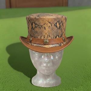 Handmade Snake Print Leather Top Hat Western Steampunk Reptile Pattern Festival Costume