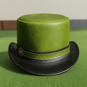 Handmade Unisex Green Leather Top Hat Steampunk Gothic Cosplay Hat