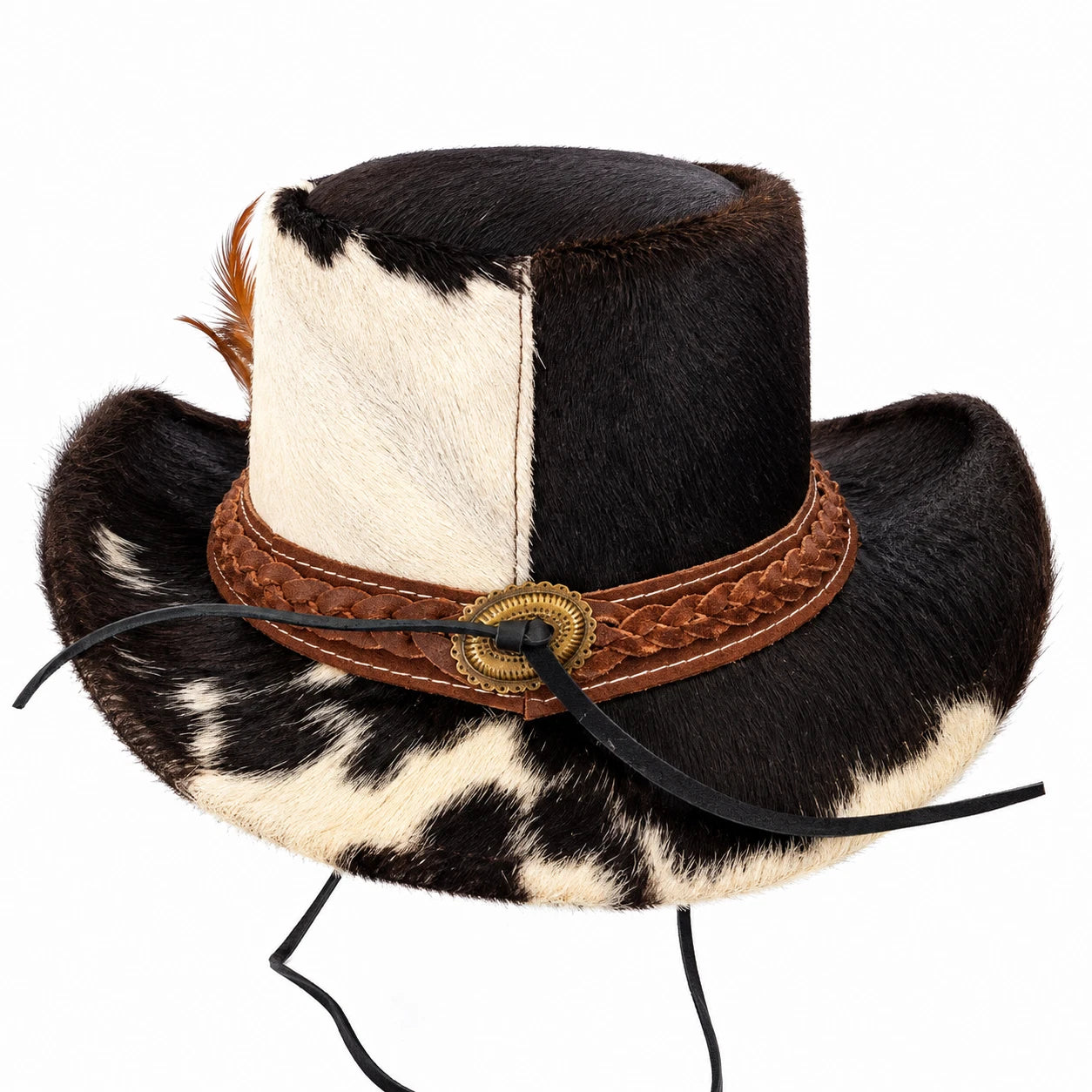 Mens Cowhide Leather Cowboy Hat Spotted Brown Braided Band Western Steampunk