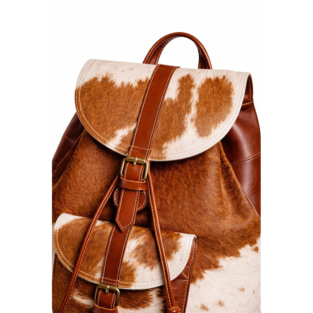 Western Chic Cowhide Bacpack Leather Knapsack  Unique Cowprint Backpack  Gift for her