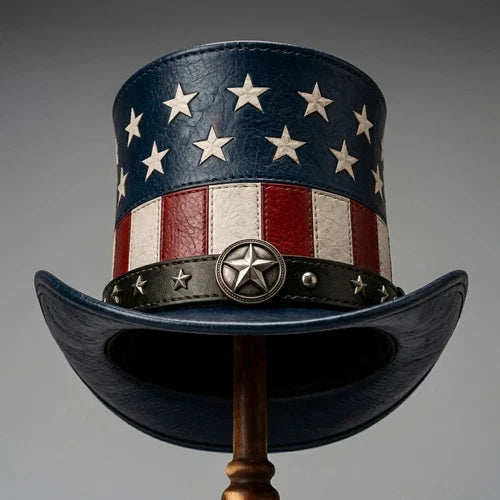Patriotic Leather Top Hat Stars Stripes Western Rodeo Style