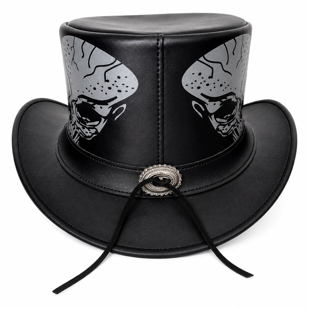 Black Genuine Leather Skull Top Hat Silver Gothic Steampunk WesternCowboy Unisex