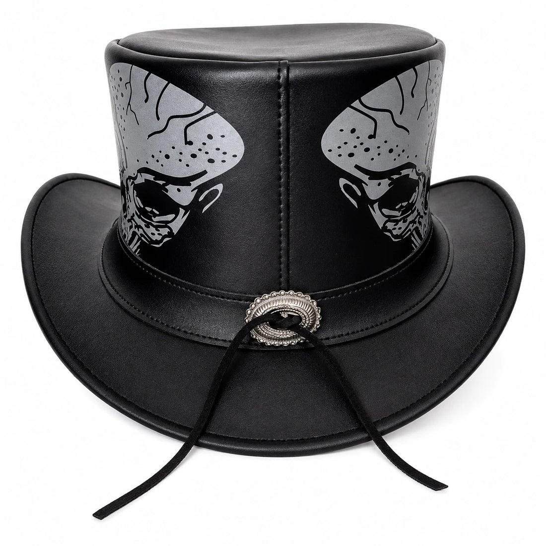 Black Genuine Leather Skull Top Hat Silver Gothic Steampunk WesternCowboy Unisex