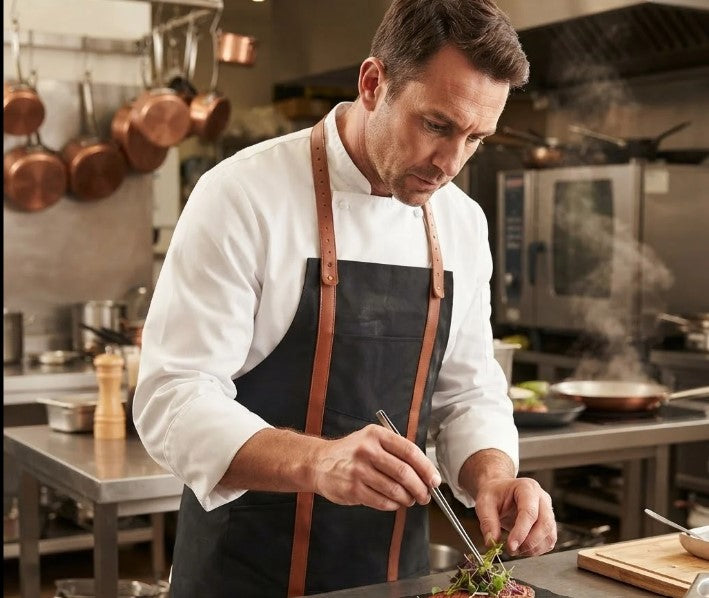 Professional Black Leather Chef Apron with Adjustable Cross Back Harness