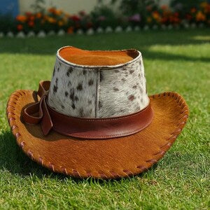 Handmade Unisex Hair On Cowhide Cowboy Hat Whipstitch Brim Western Cosplay Leather