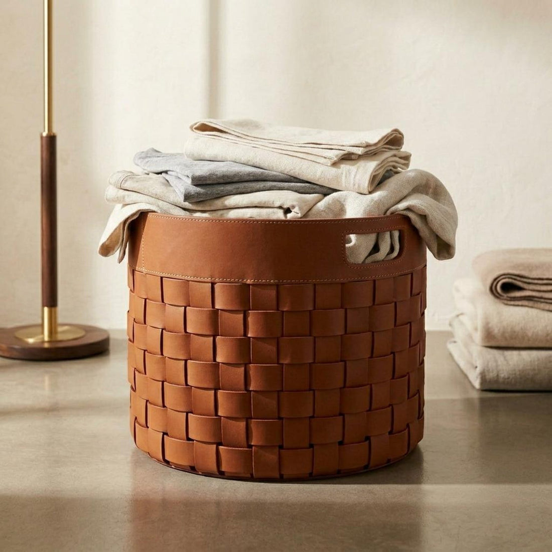 Handmade Round Woven Leather Firewood Carrier  Rustic Wood Storage Basket  Log Organizer Home Decor