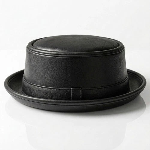 Handmade Black Leather Pork Pie Hat Vintage Gothic Steampunk Unisex Costume Hat