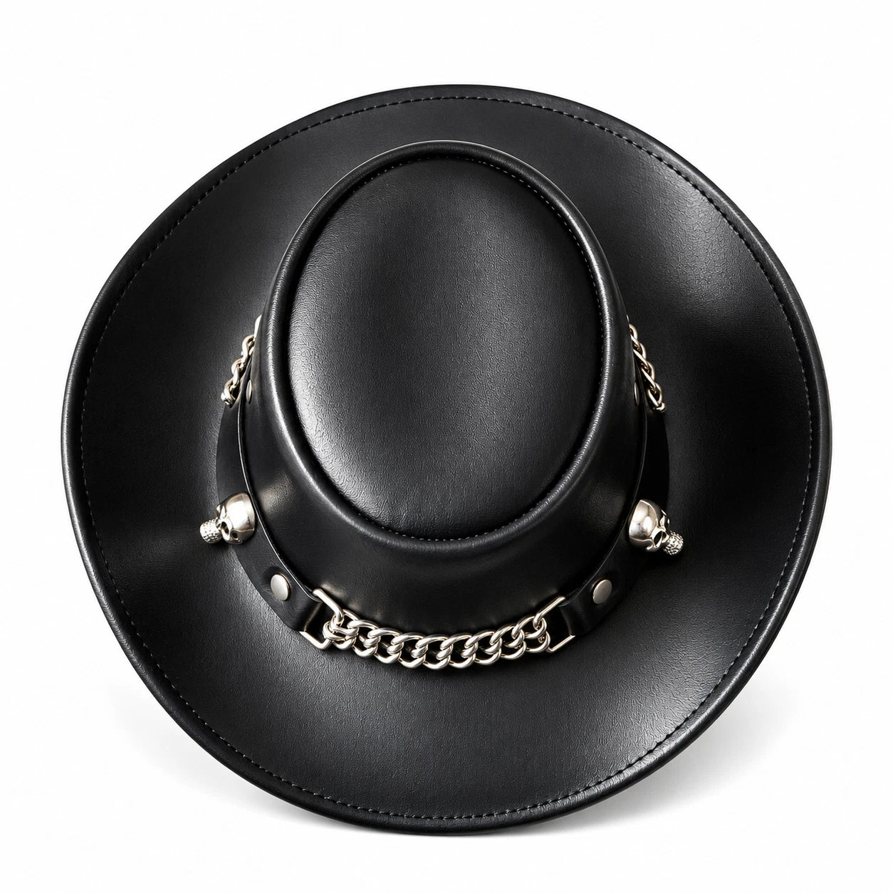Mens Black Leather Cowboy Hat Chain Band Western Steampunk Gothix