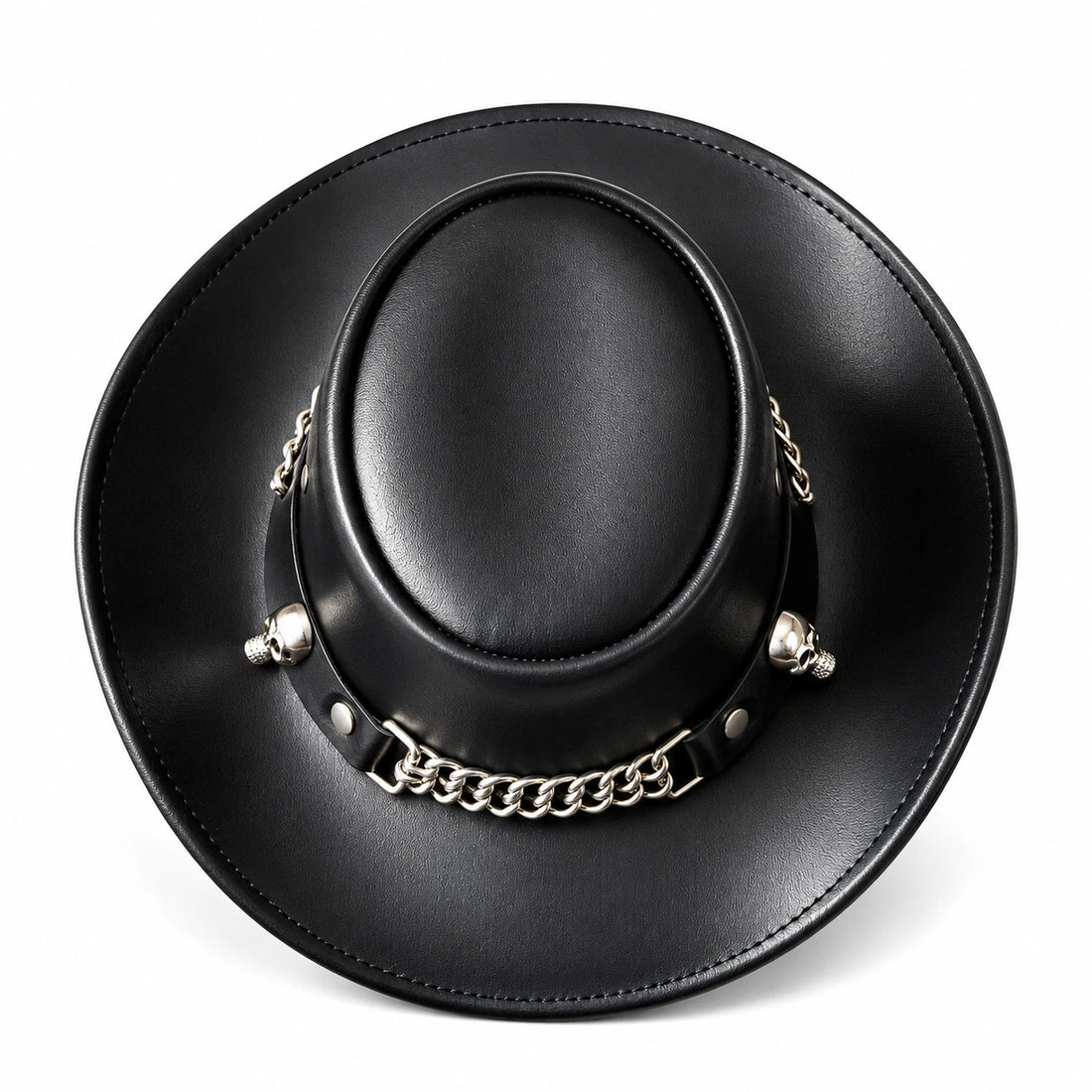 Mens Black Leather Cowboy Hat Chain Band Western Steampunk Gothix