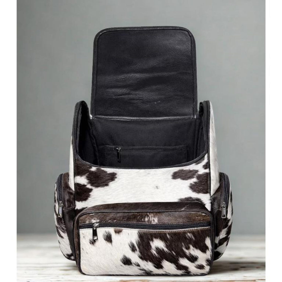 Handmade Genuine Cowhide Backpack, Black White Spotted Leather Rucksack