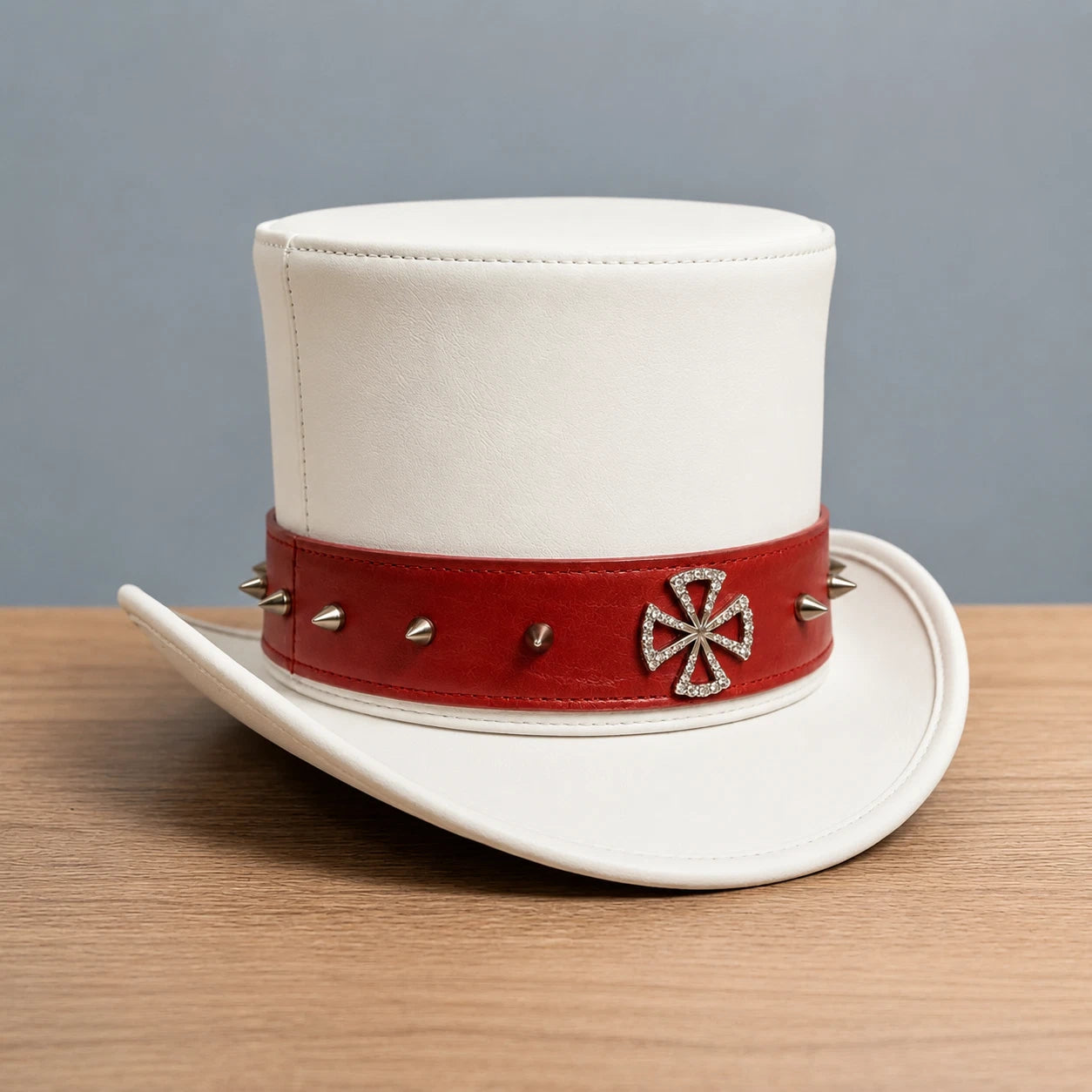 Handmade White Genuine Leather Steampunk Top Hat Gothic Studded Crystal Cross