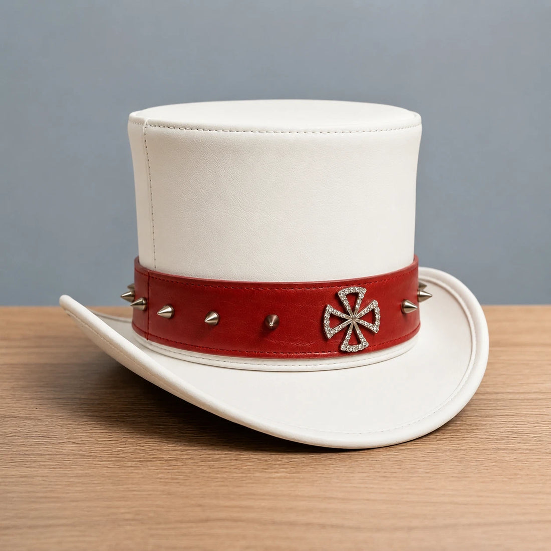 Handmade White Genuine Leather Steampunk Top Hat Gothic Studded Crystal Cross
