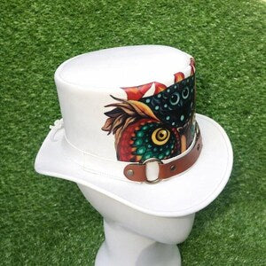 Handmade White Leather Top Hat with Owl Design  Statement Headwear