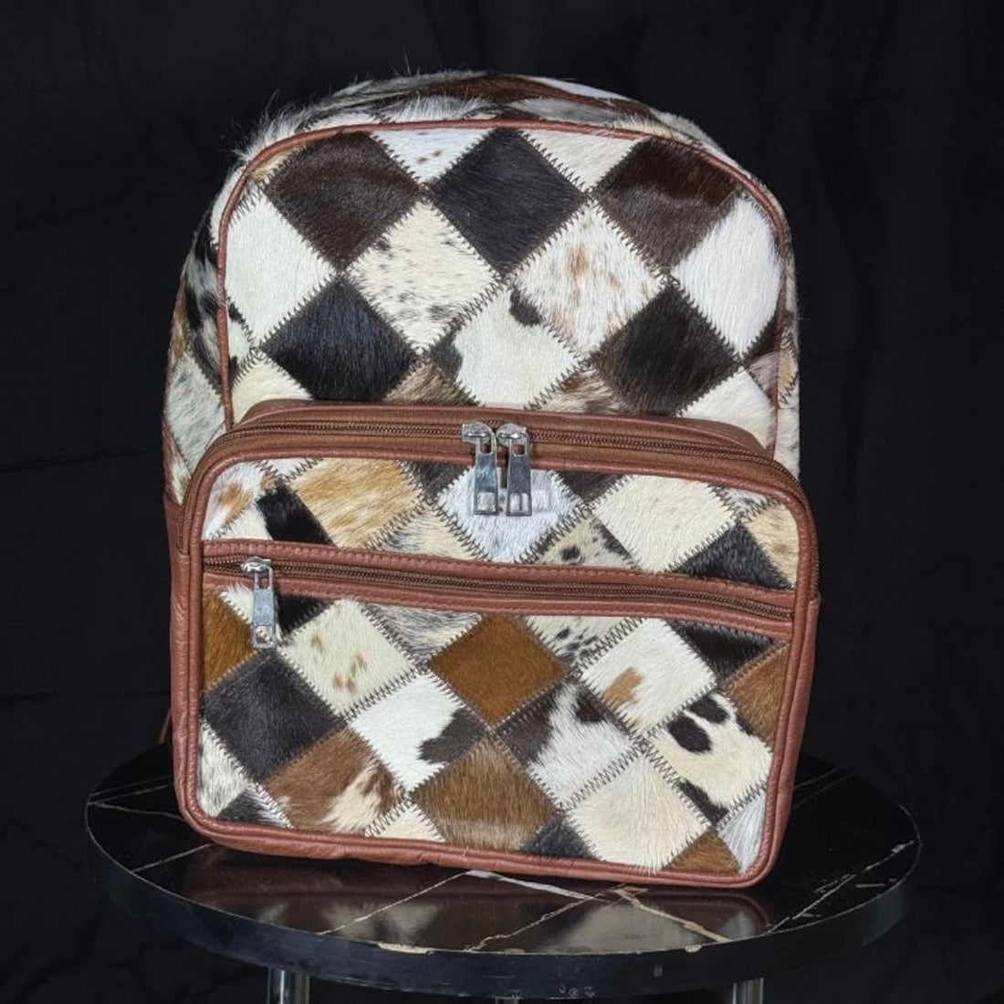 Handmade Cowhide Leather Backpack Patchwork Hair on Hide Rucksack