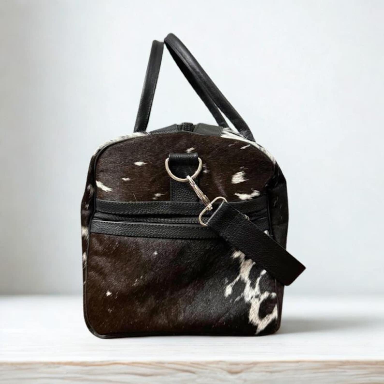 Black and White Cowhide Duffle Bag Handmade Hair on Leather Weekender Rustic Western Travel Bag