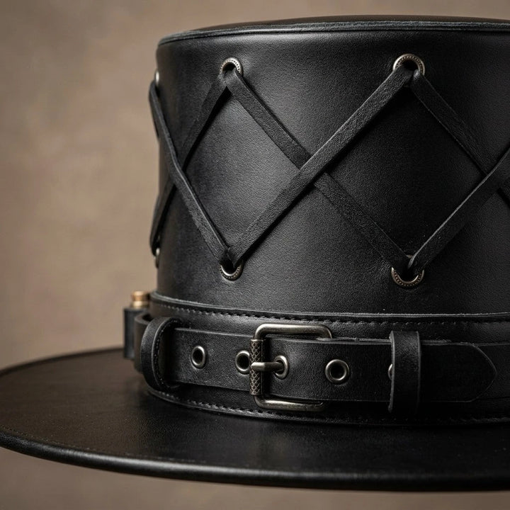 Black Leather Gothic Top Hat Steampunk Victorian Cowboy Costume Adjustable Strap