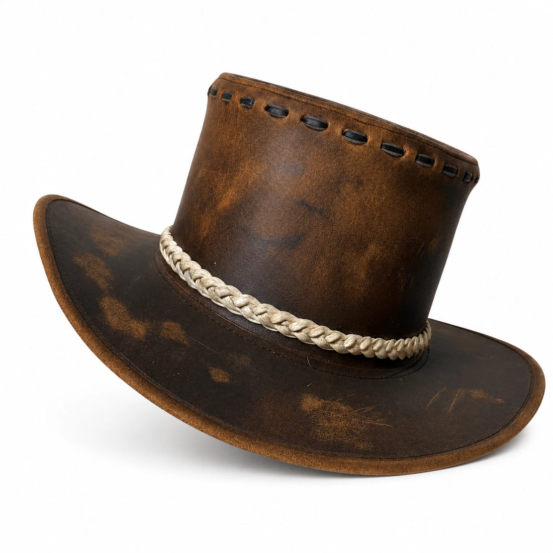 Handmade Genuine Leather Outback Cowboy Hat Brown Distressed Western Braided