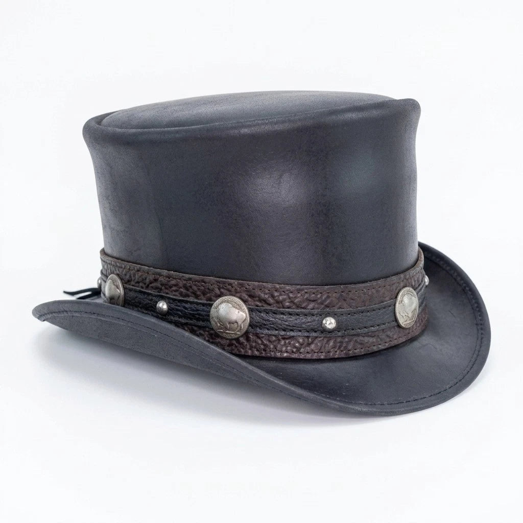 Black Leather Top Hat Handmade Bull Nickle Style Band Victorian Hat Steampunk